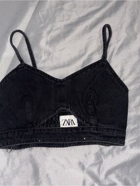 Zara Black Washed Denim Cropped Tank with Stud Trim